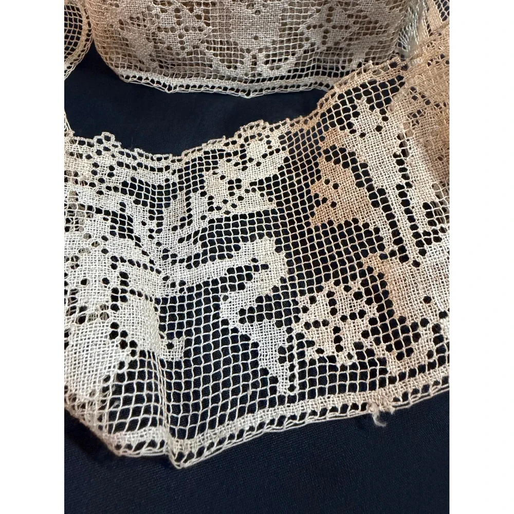 Antique Filet Lace Edging Scalloped Floral Trim Ecru Cotton 2 Yards 3.5 Wide